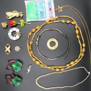 Costume Jewelry Lot, 10+ Pieces Earrings Brooches Necklaces Beads